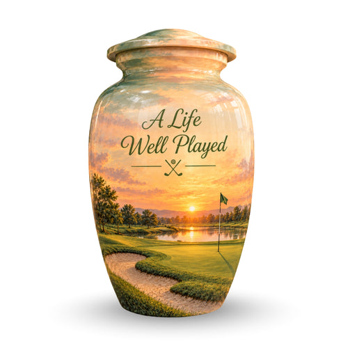 Golfer's Memorial Urn with Sand Trap for Human Ashes – Personalized Handmade Aluminum Cremation Urn