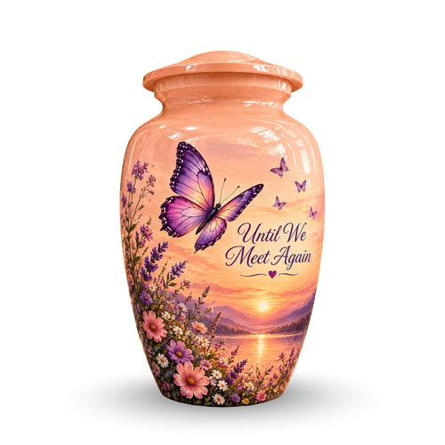 Peach Sunset Purple Butterfly Cremation Urn for Human Ashes – Personalized Handmade Aluminum Urn