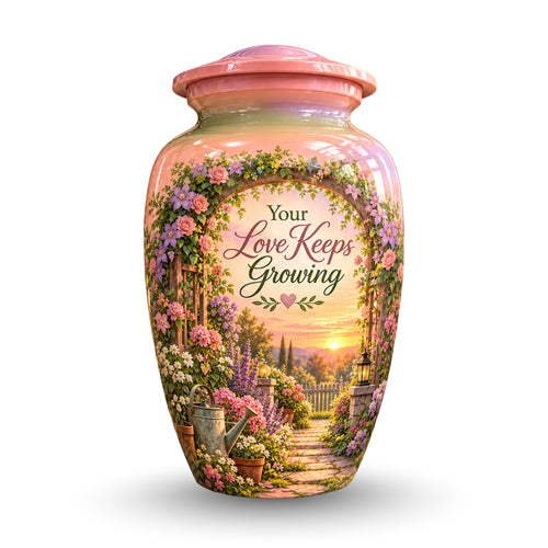 Floral Garden Arbor Sunset Cremation Urn for Human Ashes – Personalized Handmade Aluminum Urn