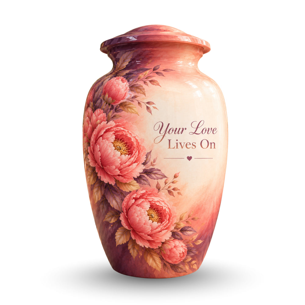 Coral Peony Memorial Cremation Urn for Human Ashes – Personalized Handmade Aluminum Urn