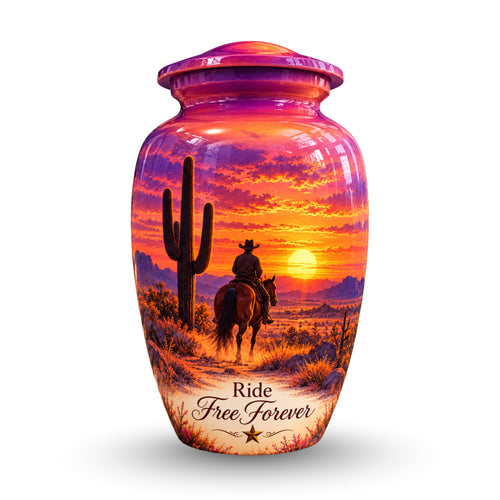 Cowboy Sunset Ride Cremation Urn for Human Ashes – Personalized Handmade Aluminum Urn