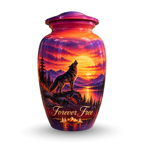 Howling Wolf Sunset Cremation Urn for Human Ashes – Personalized Handmade Aluminum Urn