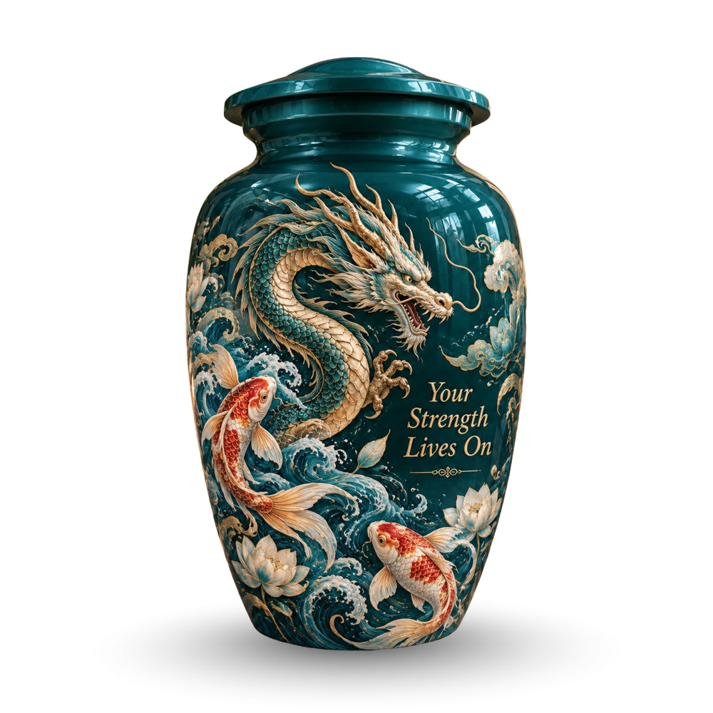 dragon cremation urn with keepsakes, handmade aluminum urn – photo 1