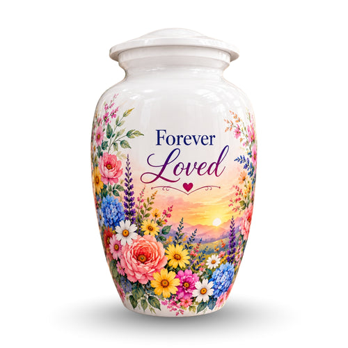 White Floral Sunset Cremation Urn for Human Ashes – Personalized Handmade Aluminum Urn
