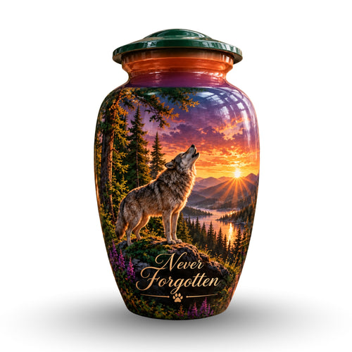 Wolf and Lake Cremation Urn for Human Ashes – Personalized Handmade Aluminum Urn
