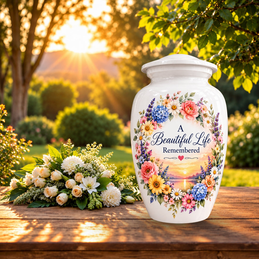 Heart and Blossoms Cremation Urn for Human Ashes – Personalized Handmade Aluminum Urn