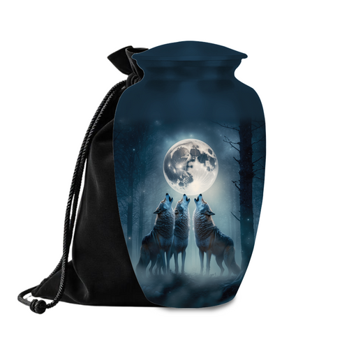 Three wolves howling at the moon cremation urn for human ashes