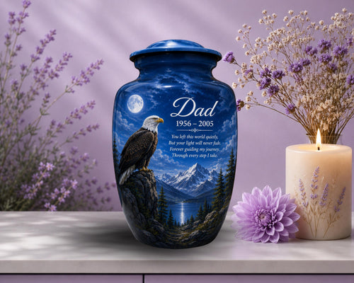 bald eagle moonrise cremation urn for human ashes, handmade aluminum memorial urn – photo 1