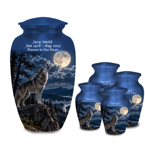 howling wolf full moon cremation urn for human ashes, handmade aluminum memorial urn – photo 1