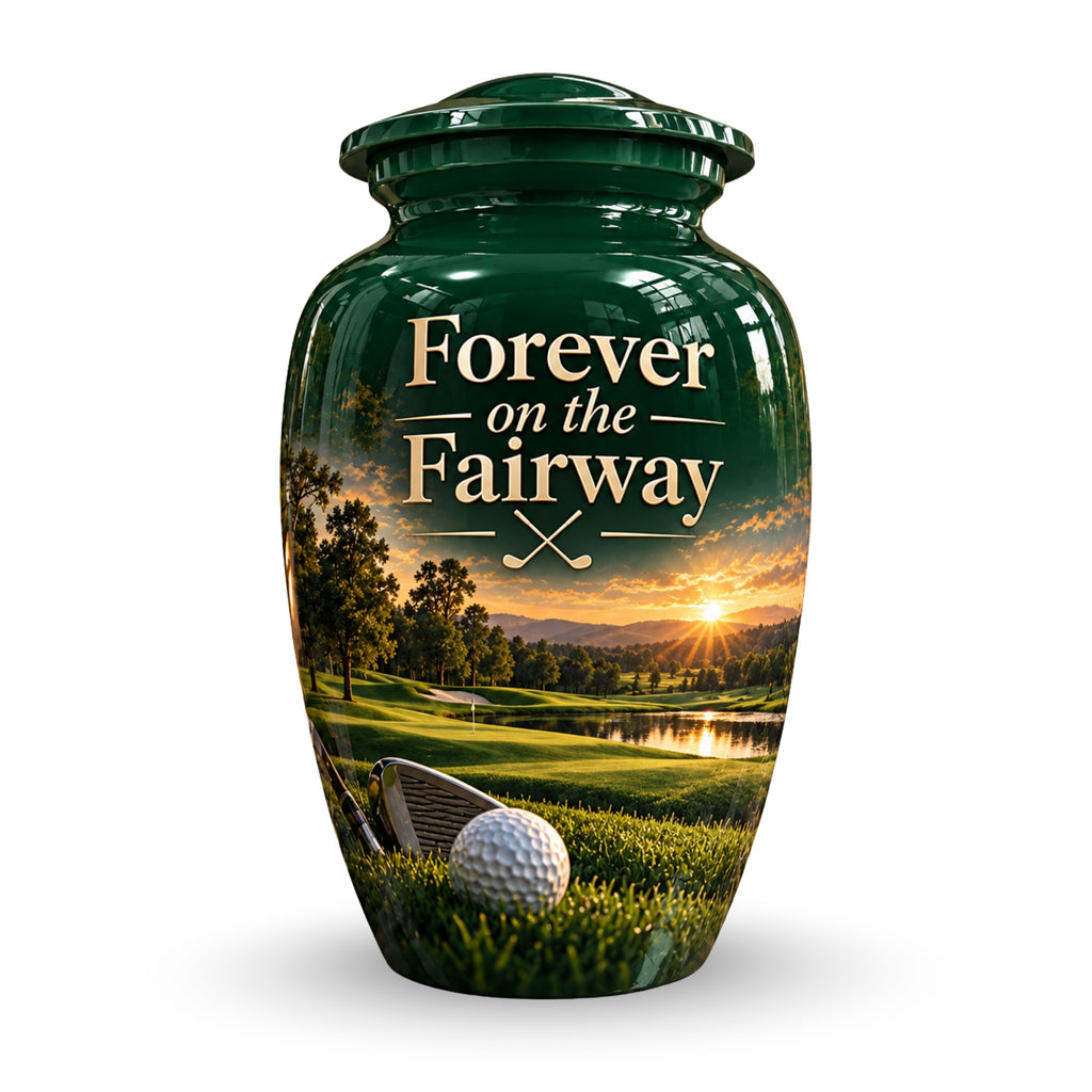 green fairway golf ball cremation urn for human ashes, handmade aluminum – photo 1