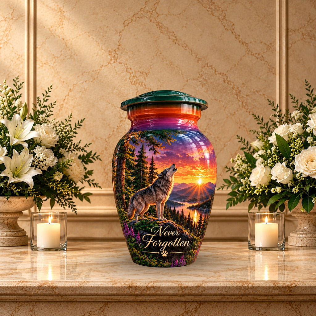 Wolf and Lake Cremation Urn for Human Ashes – Personalized Handmade Aluminum Urn