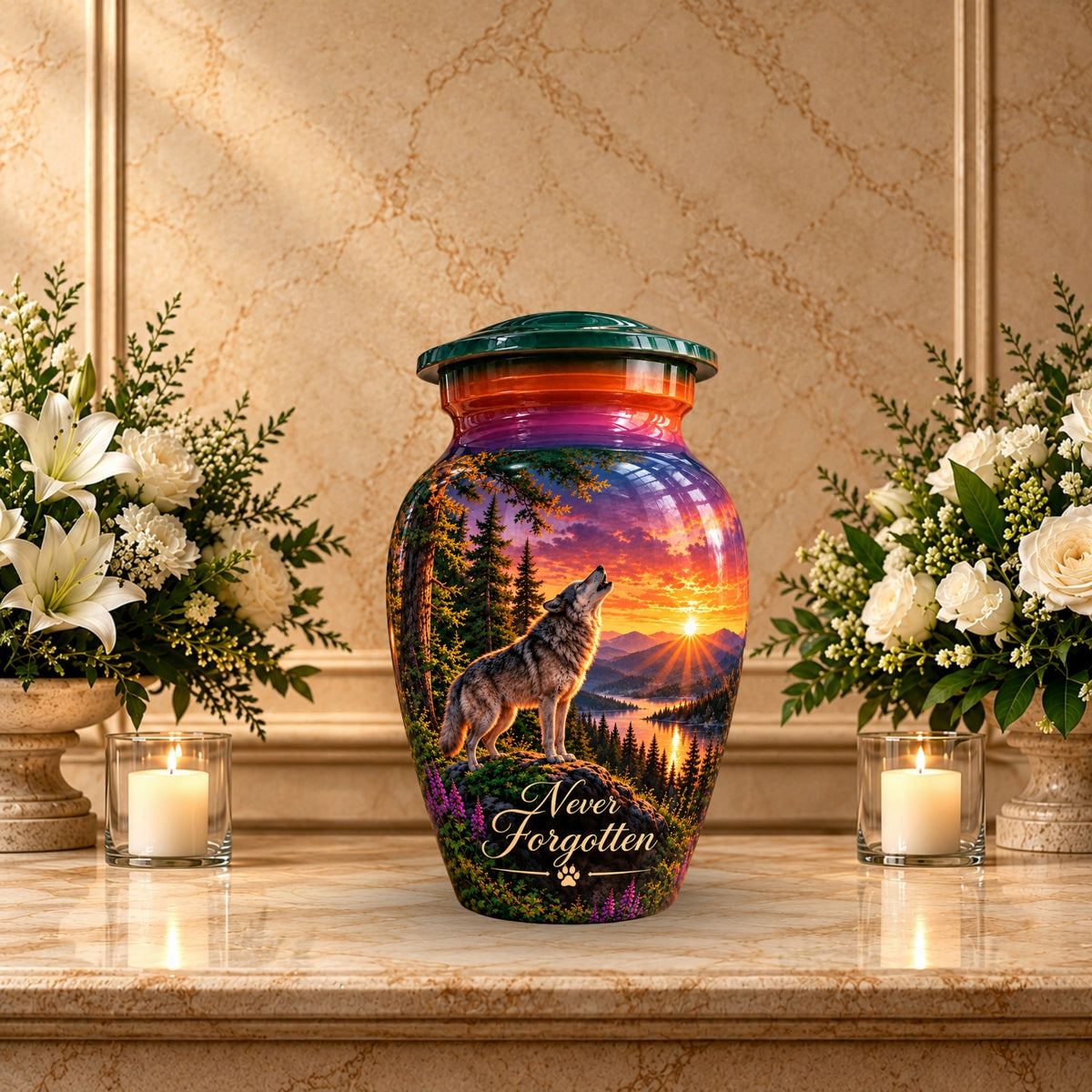 Wolf and Lake Cremation Urn for Human Ashes – Personalized Handmade Aluminum Urn
