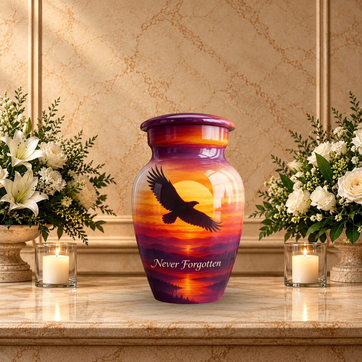 "Never Forgotten" Eagle Cremation Urn for Human Ashes – Personalized Handmade Aluminum Urn
