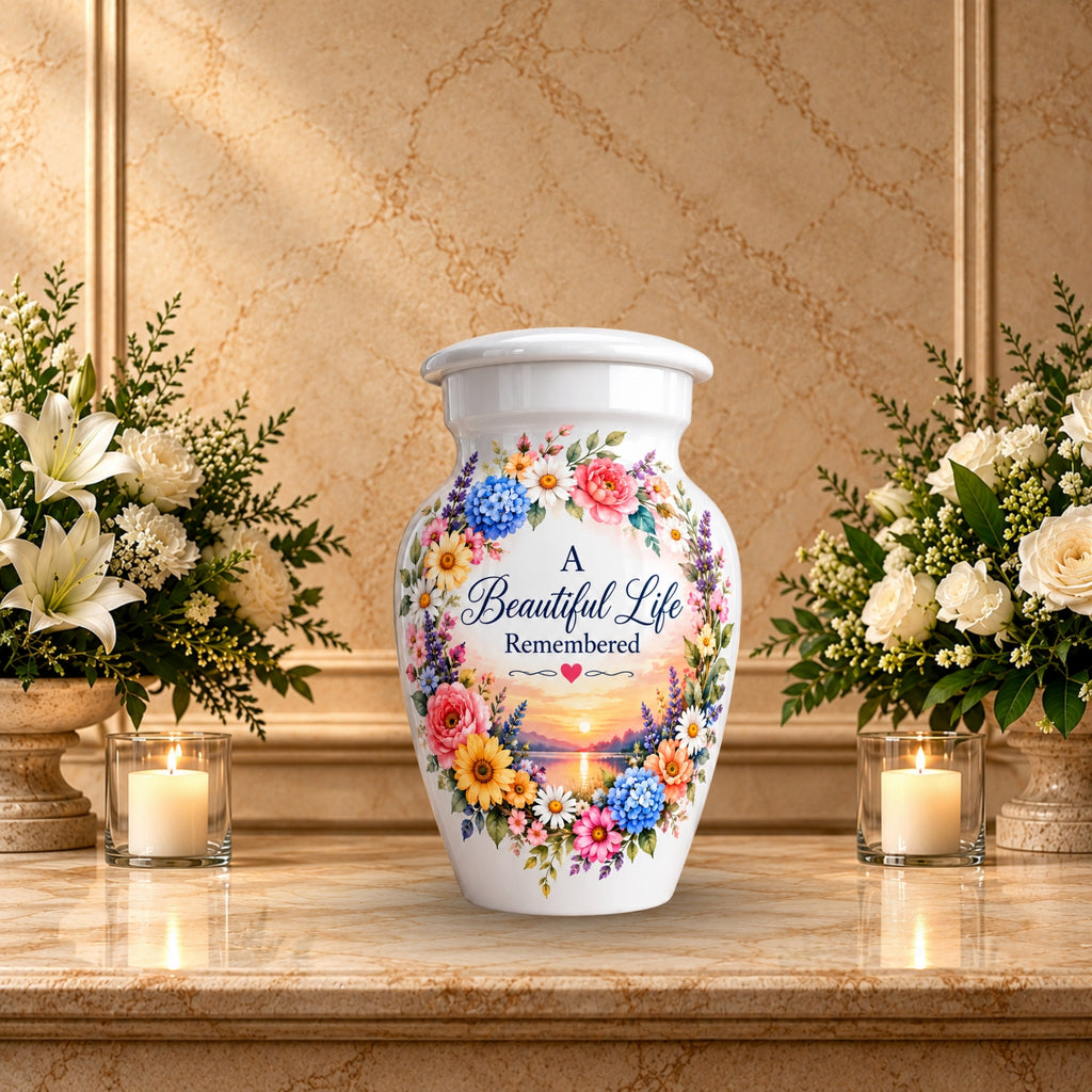 Heart and Blossoms Cremation Urn for Human Ashes – Personalized Handmade Aluminum Urn