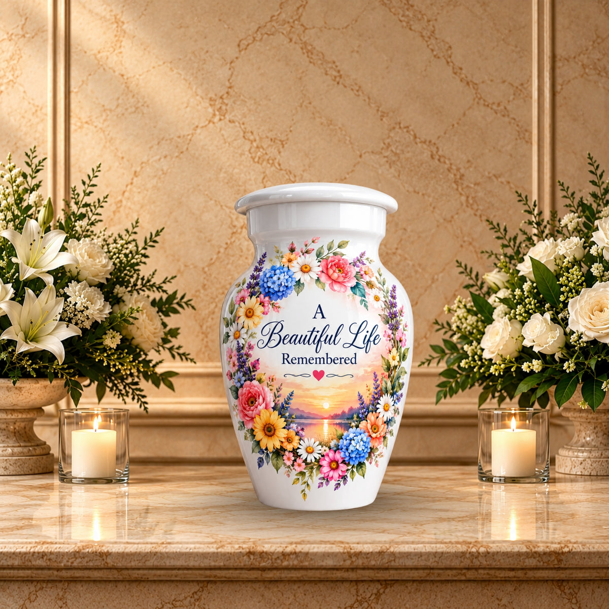 Heart and Blossoms Cremation Urn for Human Ashes – Personalized Handmade Aluminum Urn