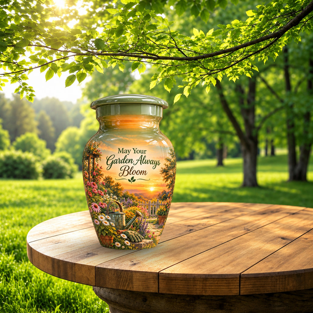 Peaceful Garden Sunset Cremation Urn for Human Ashes – Personalized Handmade Aluminum Urn