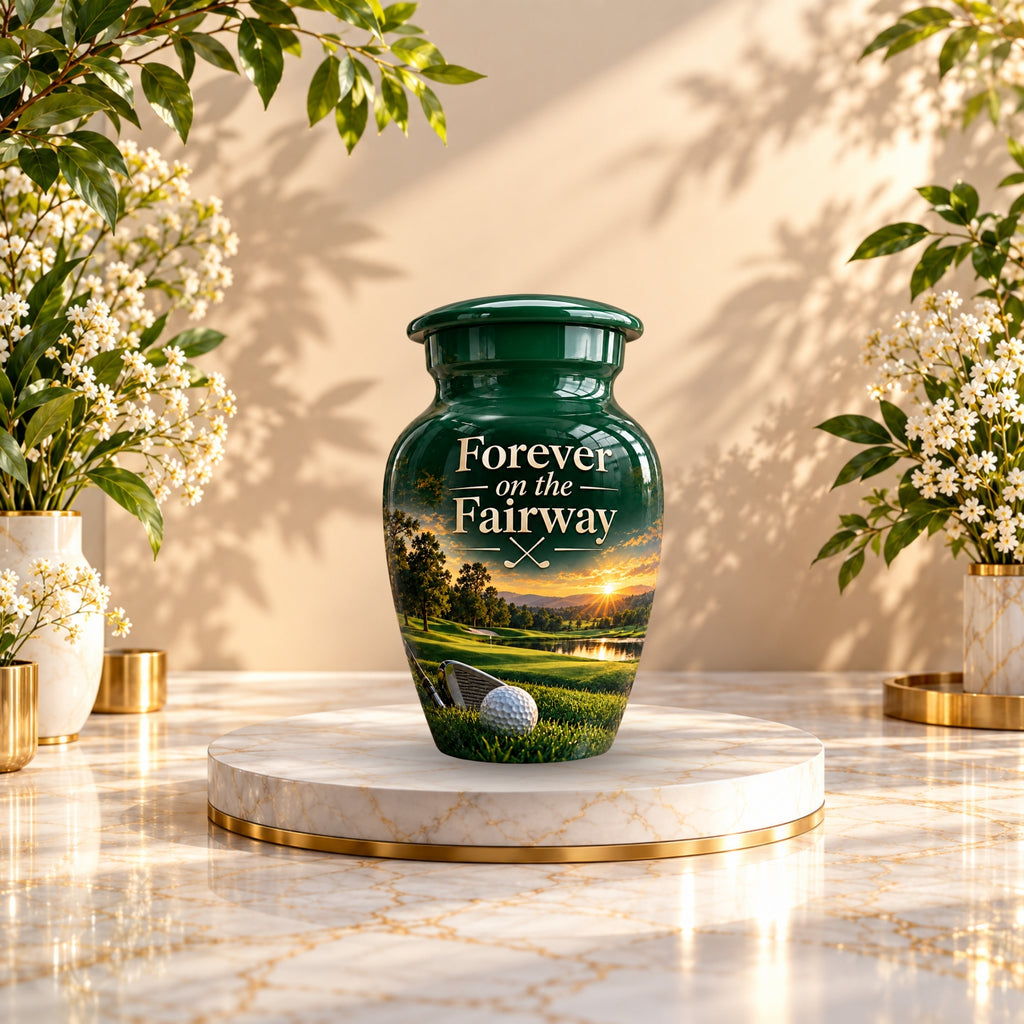 green fairway golf ball cremation urn for human ashes, handmade aluminum – photo 10