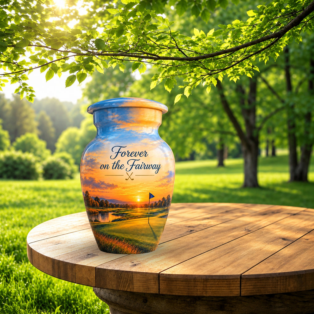 Golf Course Sunset Cremation Urn for Human Ashes – Personalized Handmade Aluminum Urn