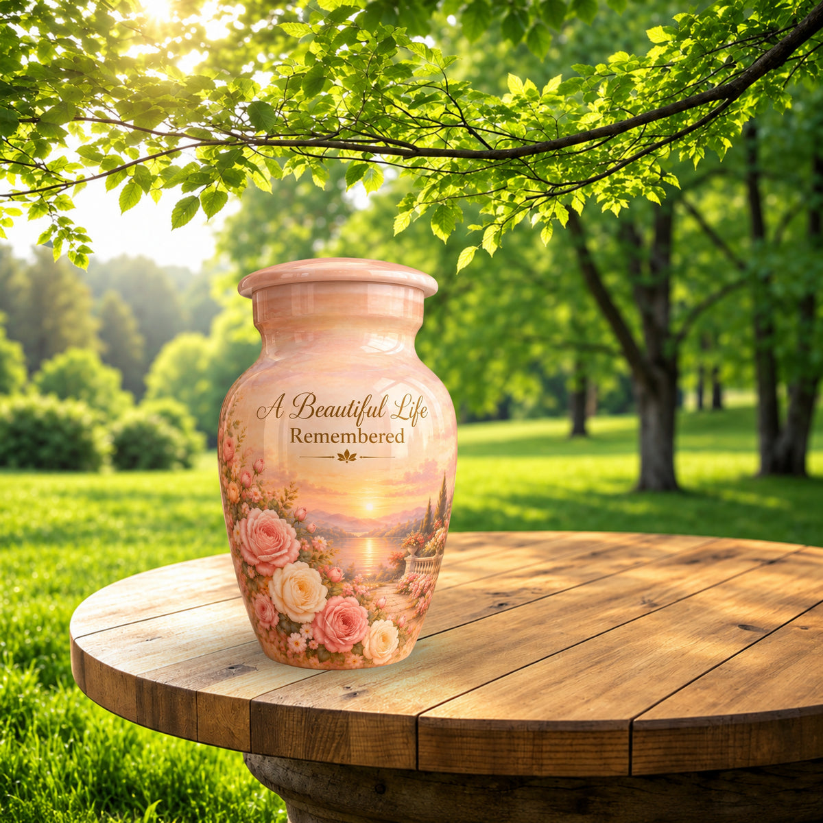 Rose Garden Sunset Cremation Urn for Human Ashes – Personalized Handmade Aluminum Urn