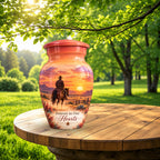 Watercolor Horse and Rider Cremation Urn for Human Ashes – Personalized Handmade Aluminum Urn