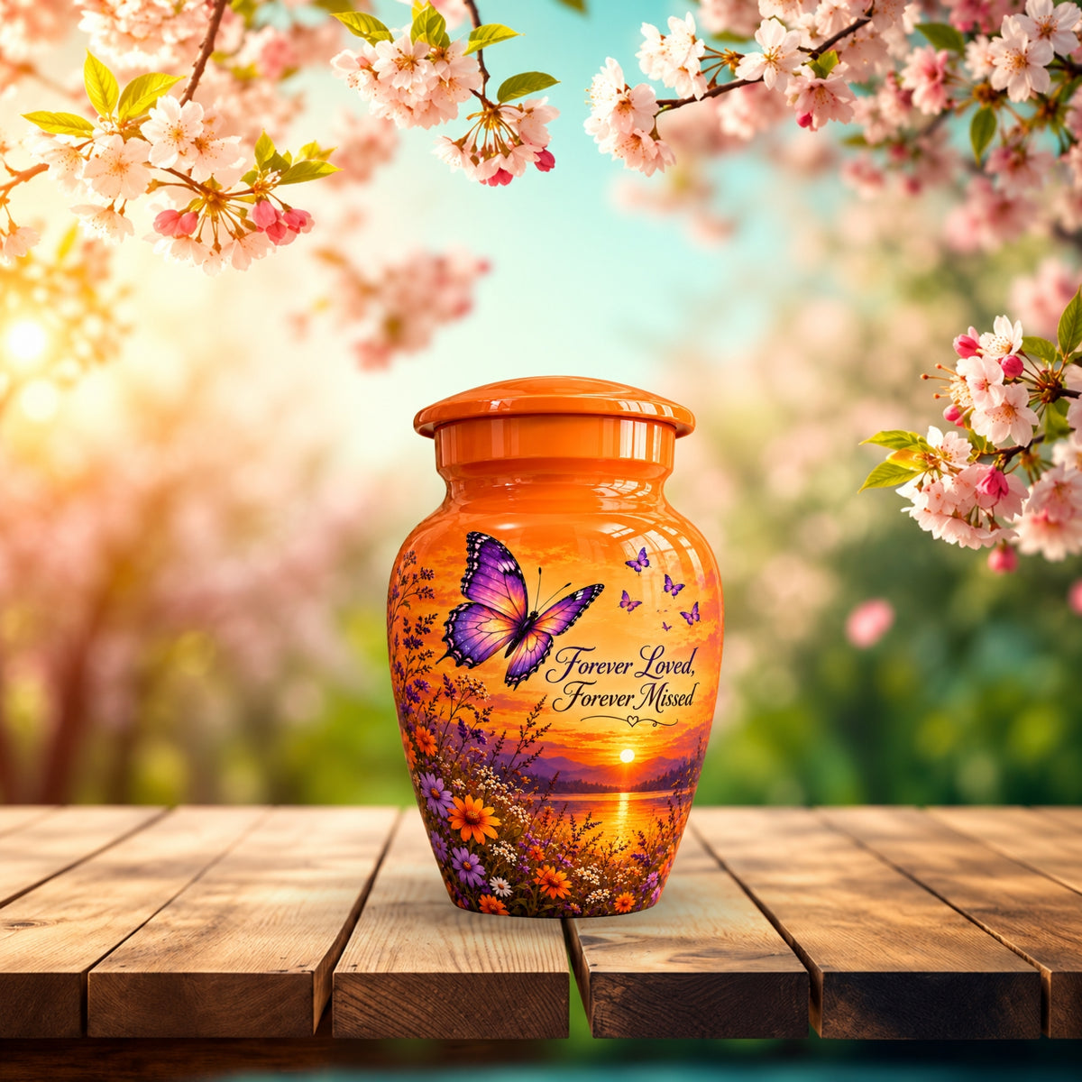 Orange Sunset Purple Butterfly Cremation Urn for Human Ashes – Personalized Handmade Aluminum Urn