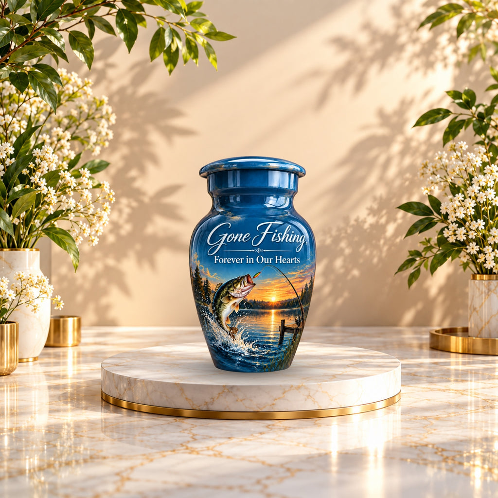 bass fishing sunset cremation urn for human ashes, handmade aluminum – photo 10