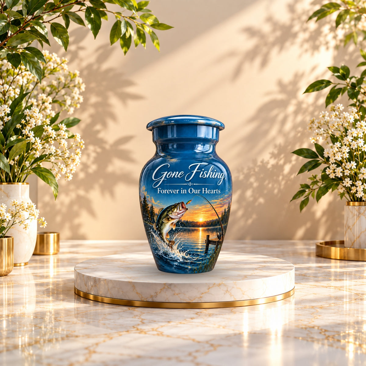 bass fishing sunset cremation urn for human ashes, handmade aluminum – photo 10