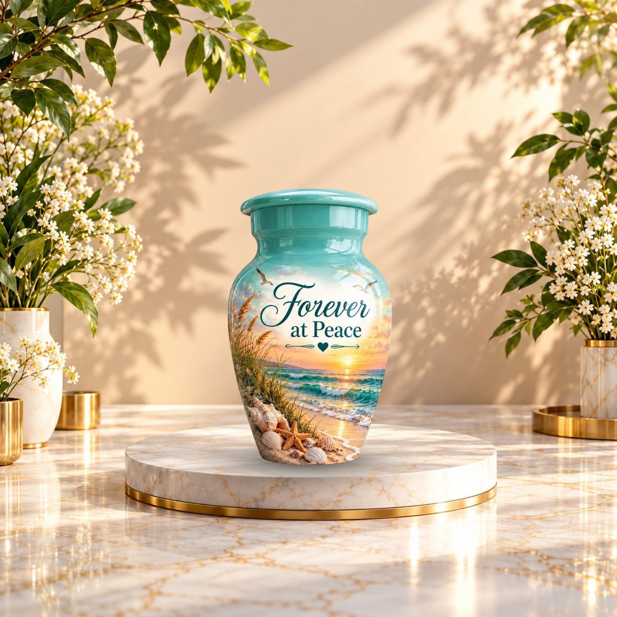 seashell beach sunset cremation urn for human ashes, handmade aluminum – photo 10
