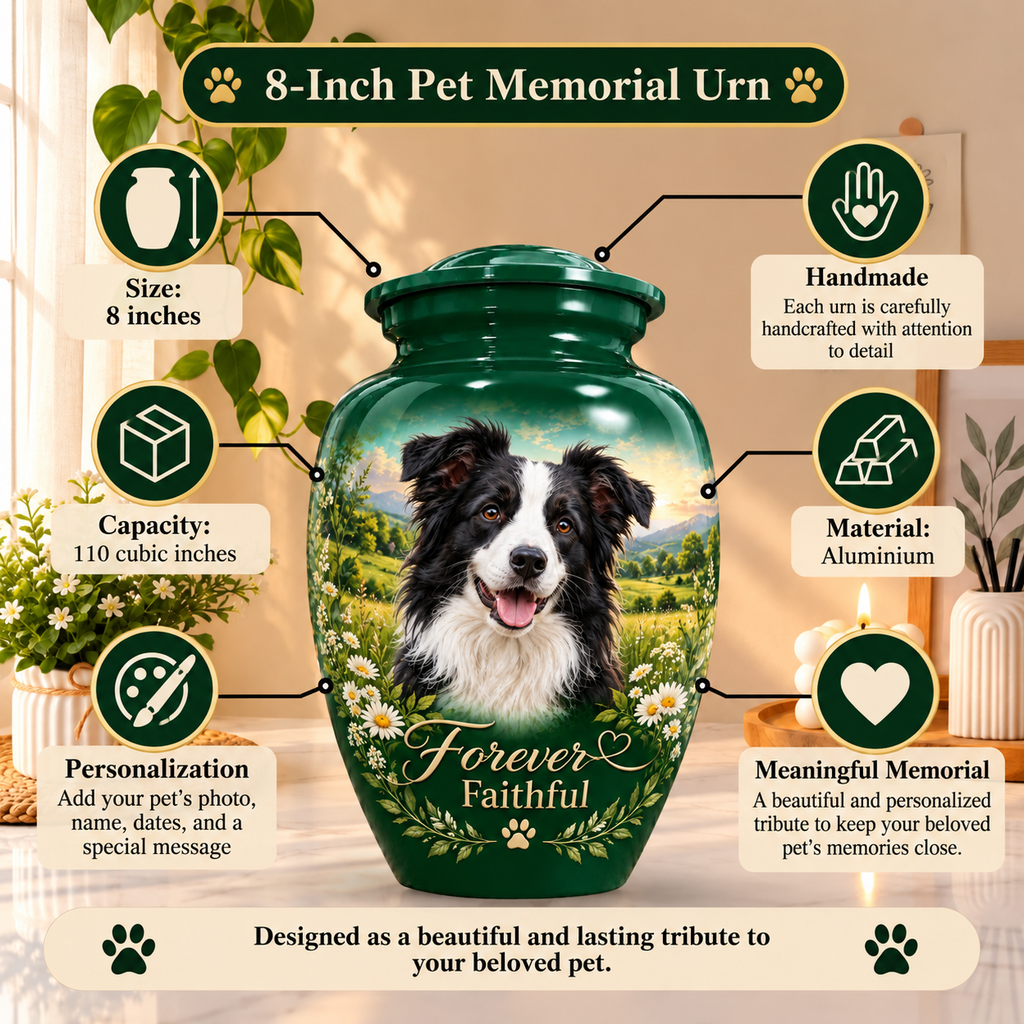personalized dog portrait cremation urn for pet ashes, handmade aluminum pet memorial urn with photo – picture 2