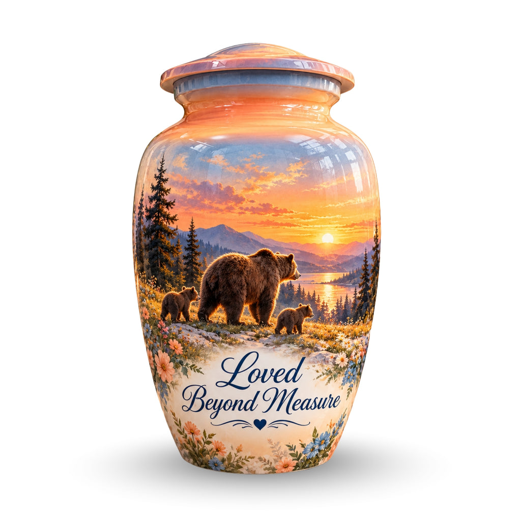 Mama Bear and Cubs Sunset Cremation Urn for Human Ashes – Personalized Handmade Aluminum Urn