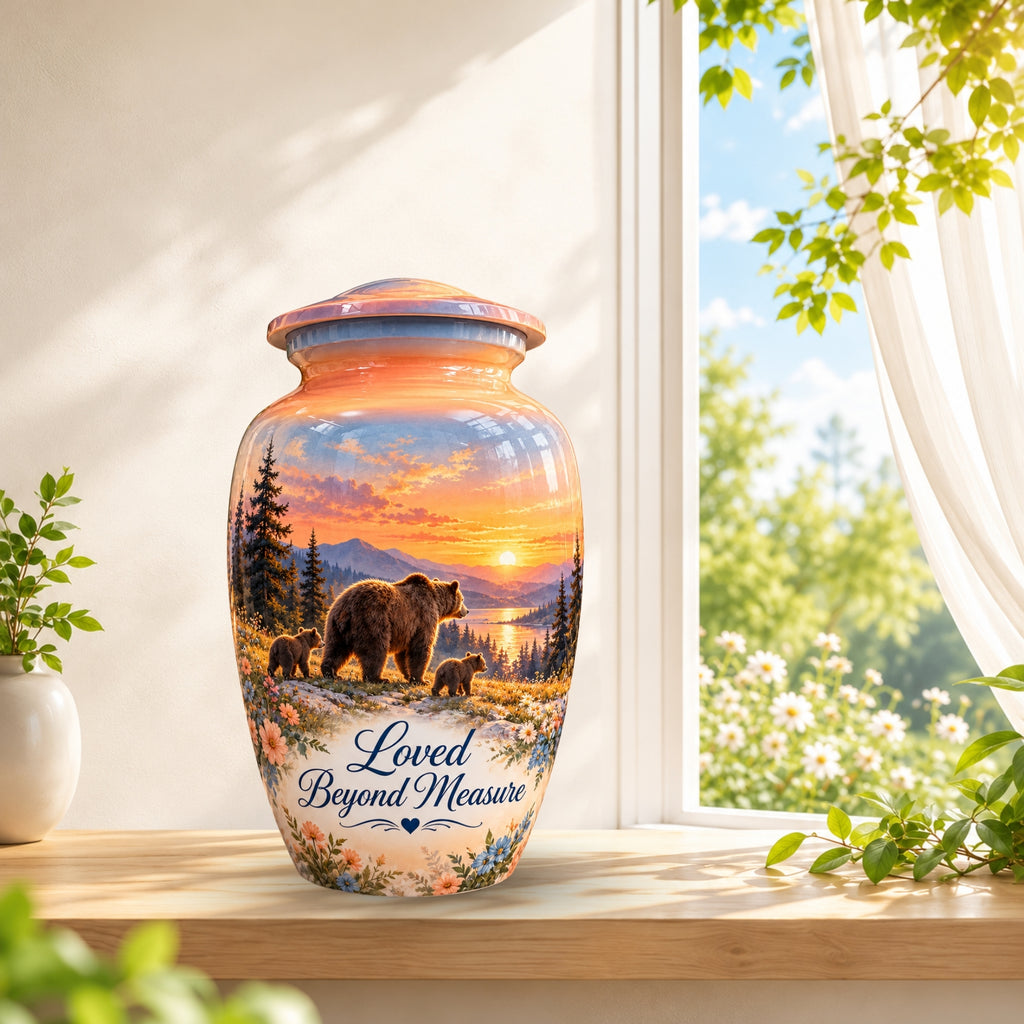 Mama Bear and Cubs Sunset Cremation Urn for Human Ashes – Personalized Handmade Aluminum Urn