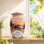 Mama Bear and Cubs Sunset Cremation Urn for Human Ashes – Personalized Handmade Aluminum Urn