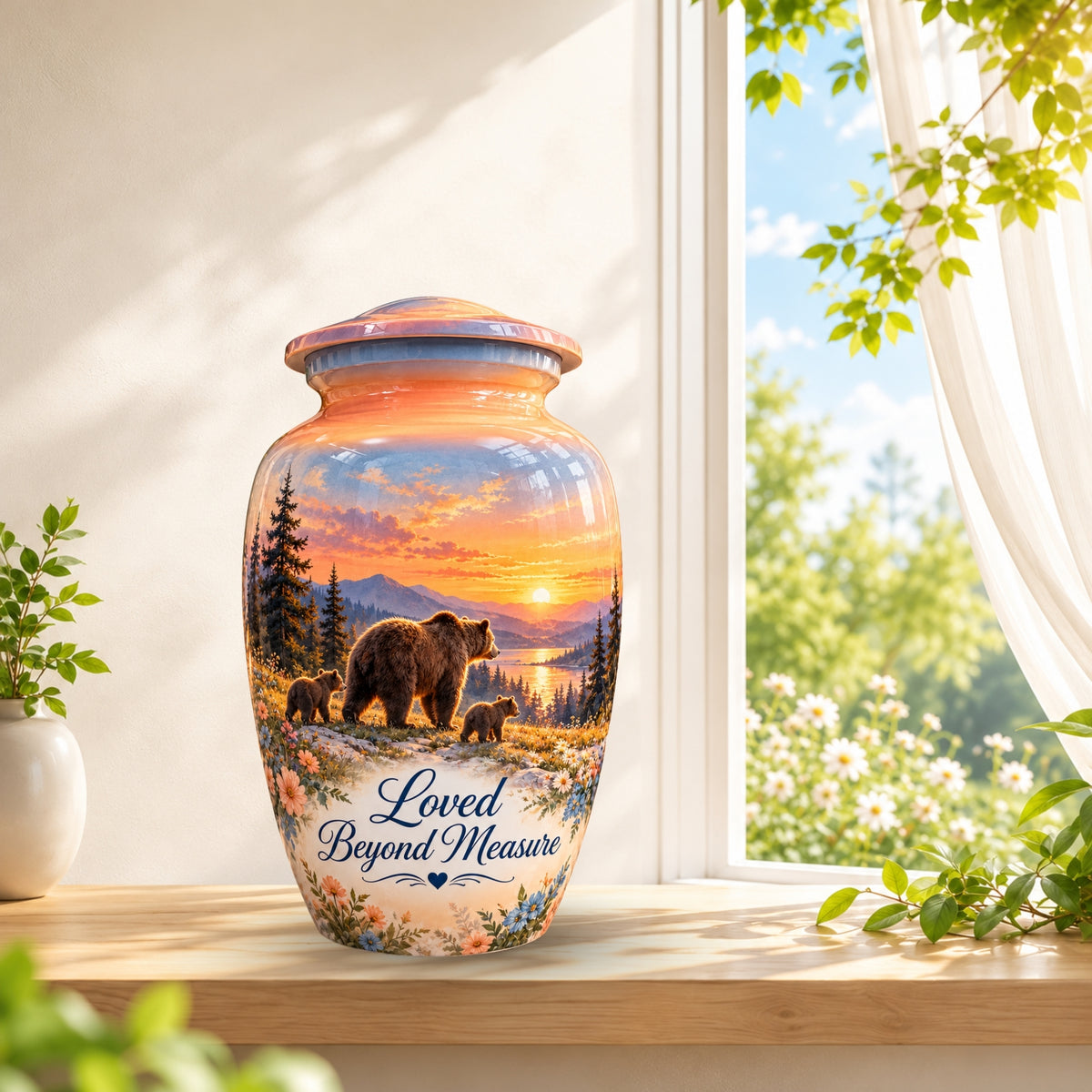 Mama Bear and Cubs Sunset Cremation Urn for Human Ashes – Personalized Handmade Aluminum Urn