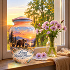 Mama Bear and Cubs Sunset Cremation Urn for Human Ashes – Personalized Handmade Aluminum Urn