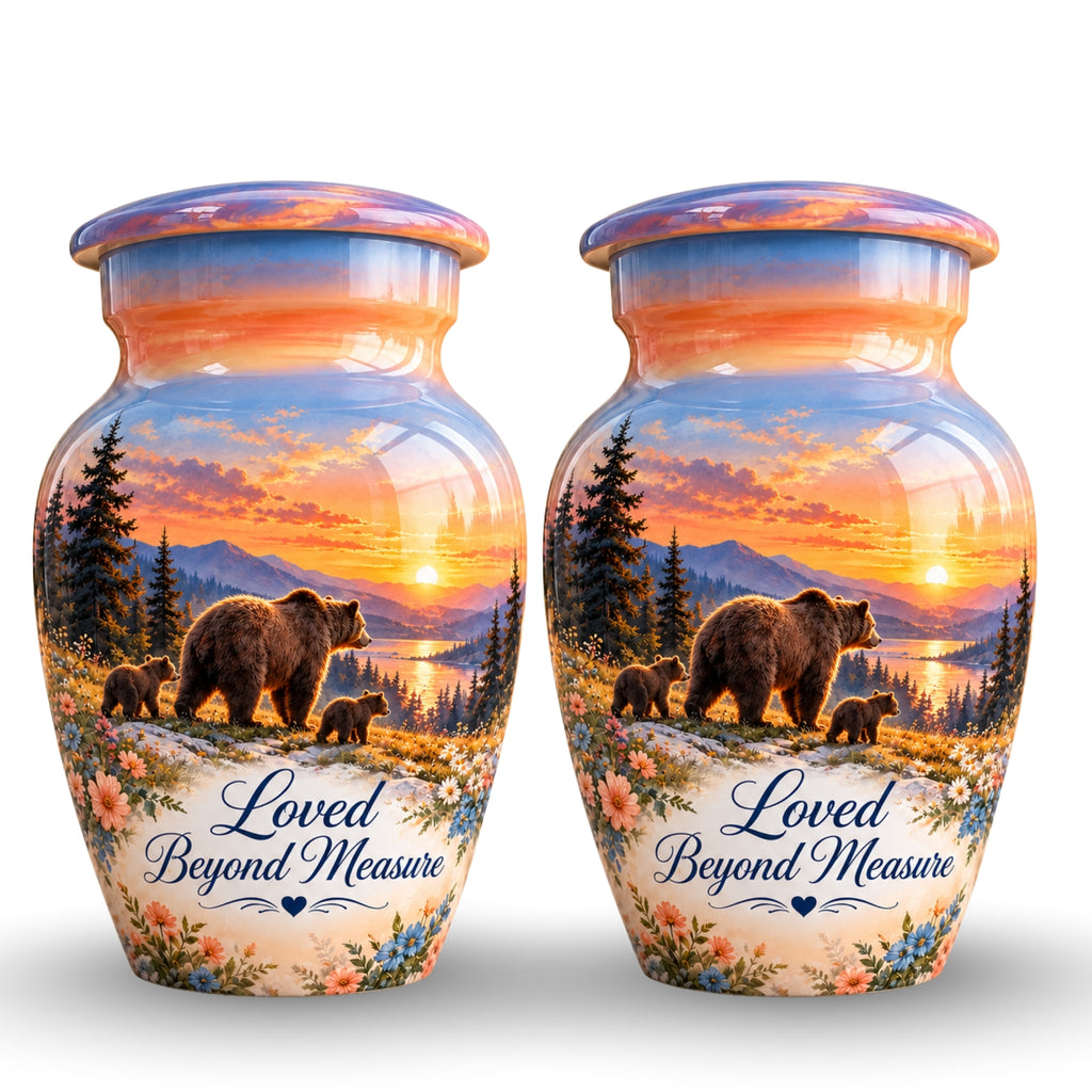 Mama Bear and Cubs Sunset Cremation Urn for Human Ashes – Personalized Handmade Aluminum Urn