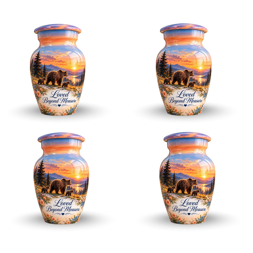 Mama Bear and Cubs Sunset Cremation Urn for Human Ashes – Personalized Handmade Aluminum Urn