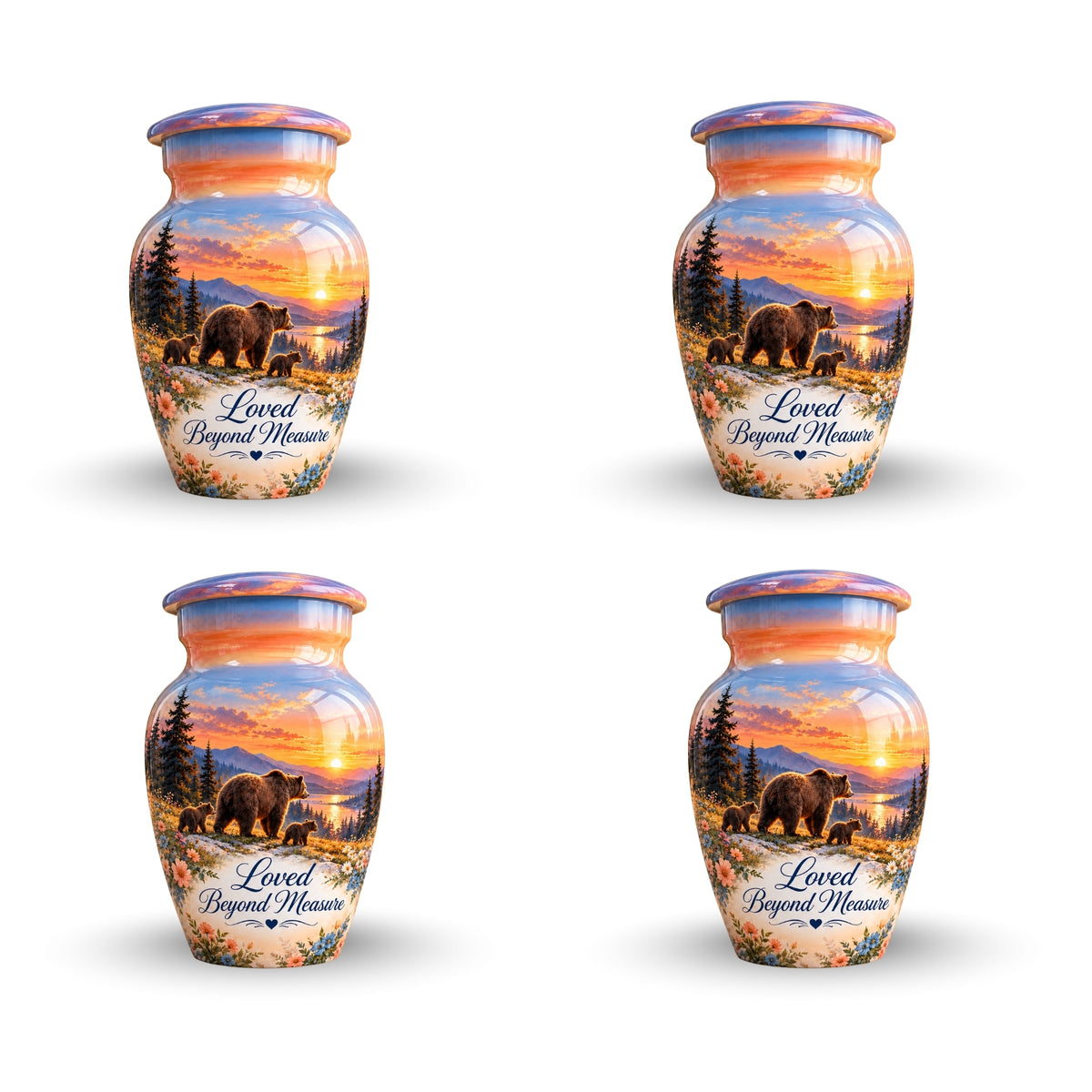 Mama Bear and Cubs Sunset Cremation Urn for Human Ashes – Personalized Handmade Aluminum Urn