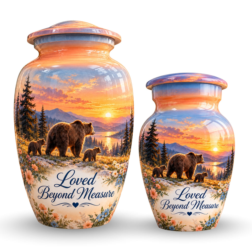 Mama Bear and Cubs Sunset Cremation Urn for Human Ashes – Personalized Handmade Aluminum Urn