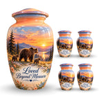 Mama Bear and Cubs Sunset Cremation Urn for Human Ashes – Personalized Handmade Aluminum Urn