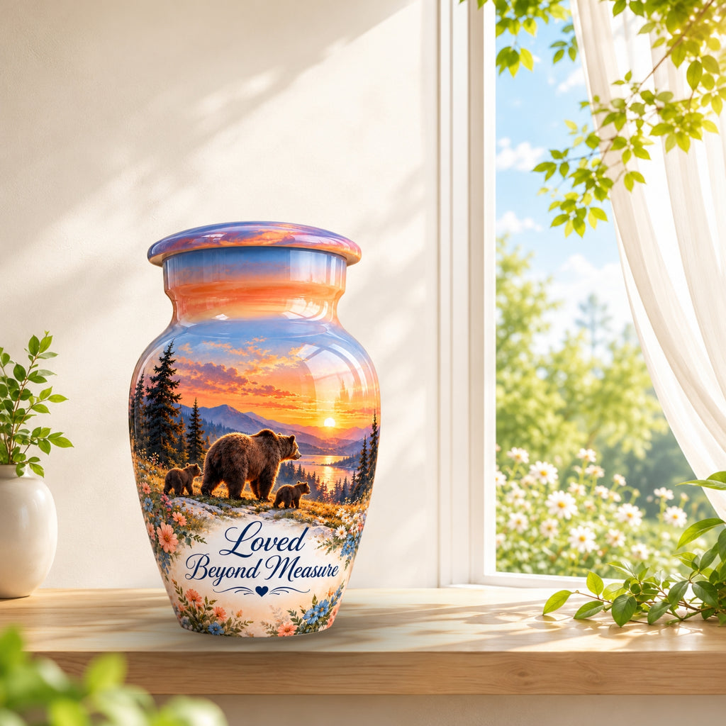 Mama Bear and Cubs Sunset Cremation Urn for Human Ashes – Personalized Handmade Aluminum Urn