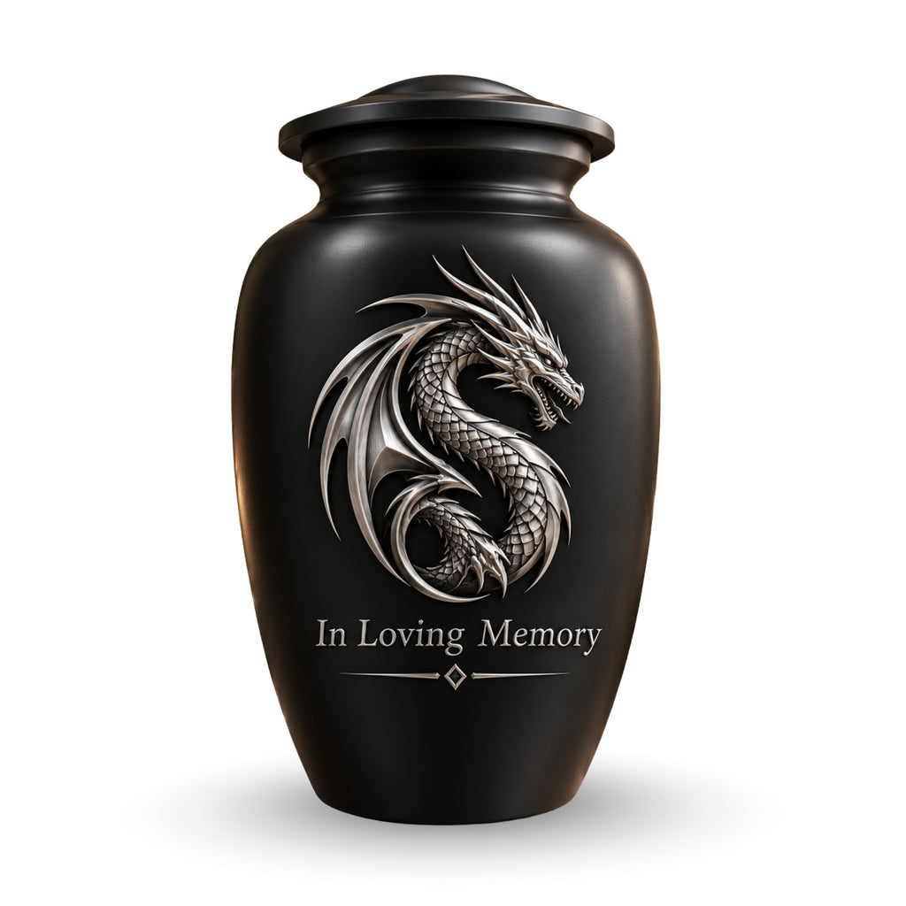 mythical dragon memorial urn for ashes, handmade aluminum urn – photo 1
