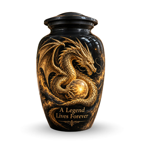 mythical dragon cremation urn for human ashes, handmade aluminum urn – photo 1