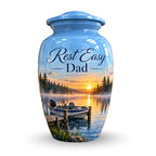 misty lake fishing boat cremation urn for human ashes, handmade aluminum – photo 1