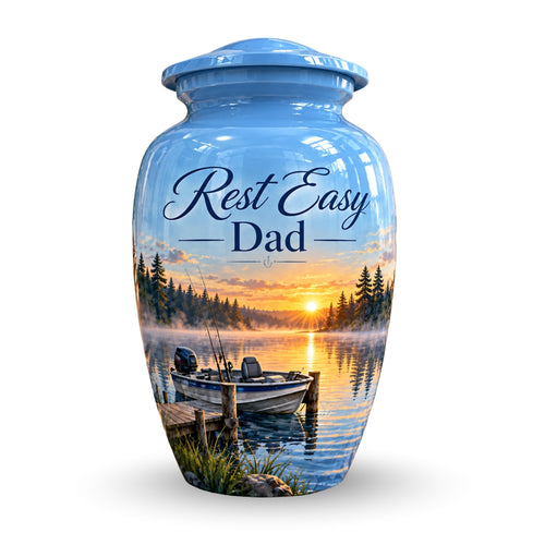 misty lake fishing boat cremation urn for human ashes, handmade aluminum – photo 1