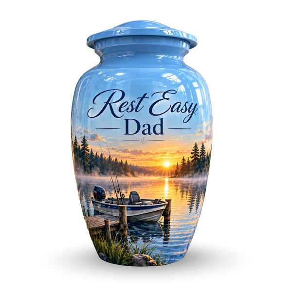 misty lake fishing boat cremation urn for human ashes, handmade aluminum – photo 1