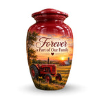 red tractor farm sunset cremation urn for human ashes, handmade aluminum – photo 1