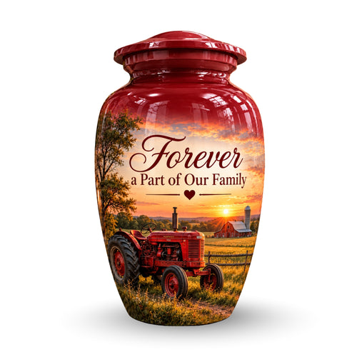 red tractor farm sunset cremation urn for human ashes, handmade aluminum – photo 1