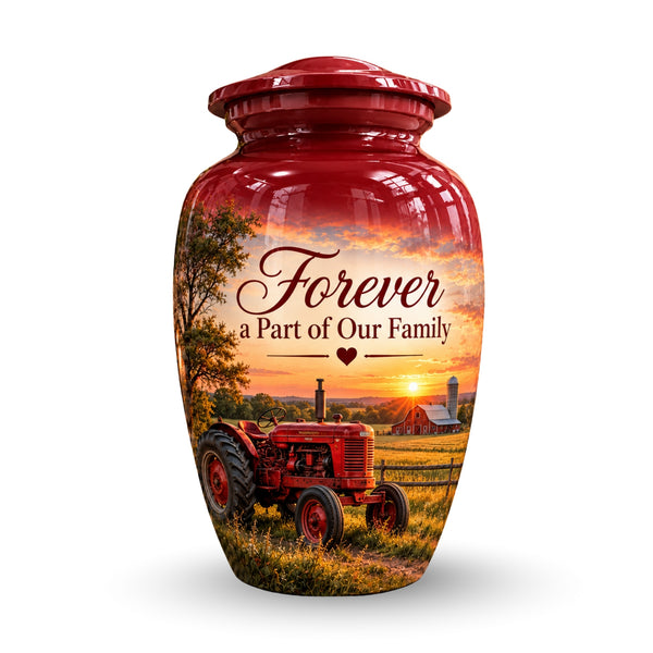 red tractor farm sunset cremation urn for human ashes, handmade aluminum – photo 1