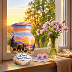 Mama Bear and Cubs Sunset Cremation Urn for Human Ashes – Personalized Handmade Aluminum Urn