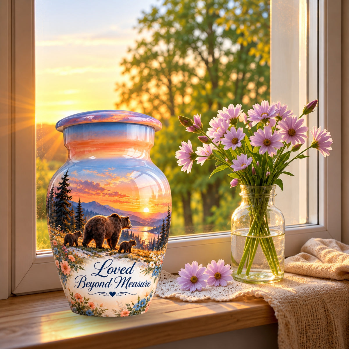 Mama Bear and Cubs Sunset Cremation Urn for Human Ashes – Personalized Handmade Aluminum Urn